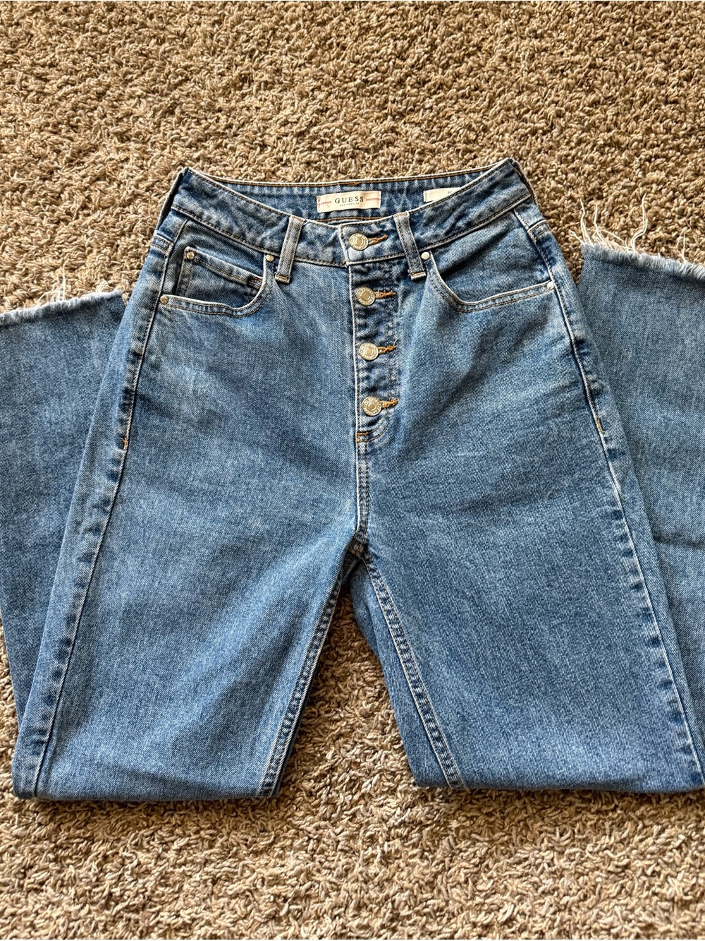 GUESS Women's High-Rise Button-Fly Jeans in Medium Blue Denim